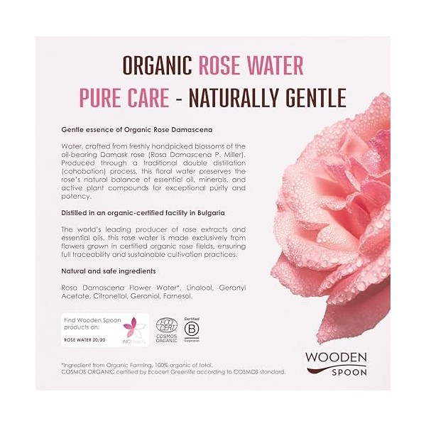 Wooden Spoon Eau de Rose Bio Rose Damascena – Hydrolat 100% Bio, Apaise & Rafraîchit la Peau, Tonique Naturel, Brume Visage &