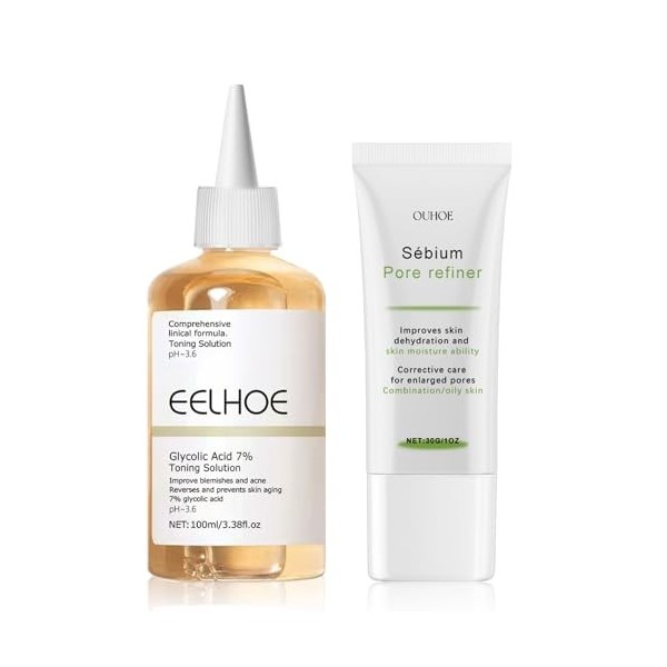 Acide Glycolique 7% Exfoliating Toner et Crème Rétrécissante pour Les Pores, Glycolic Acid Toner Visage, Rétrécit Les Pores, 