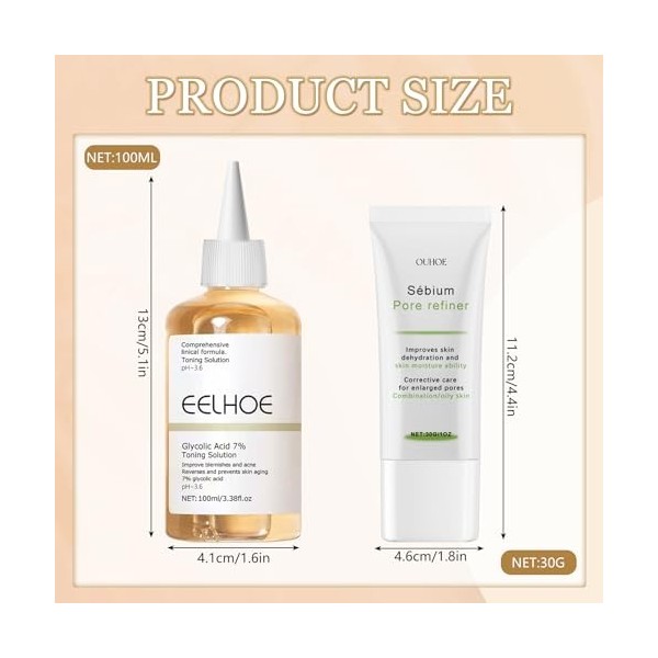 Acide Glycolique 7% Exfoliating Toner et Crème Rétrécissante pour Les Pores, Glycolic Acid Toner Visage, Rétrécit Les Pores, 