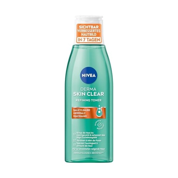 NIVEA Derma Skin Clear Refining Toner, tonique raffermissant les pores pour une peau visiblement améliorée, nettoyage du visa
