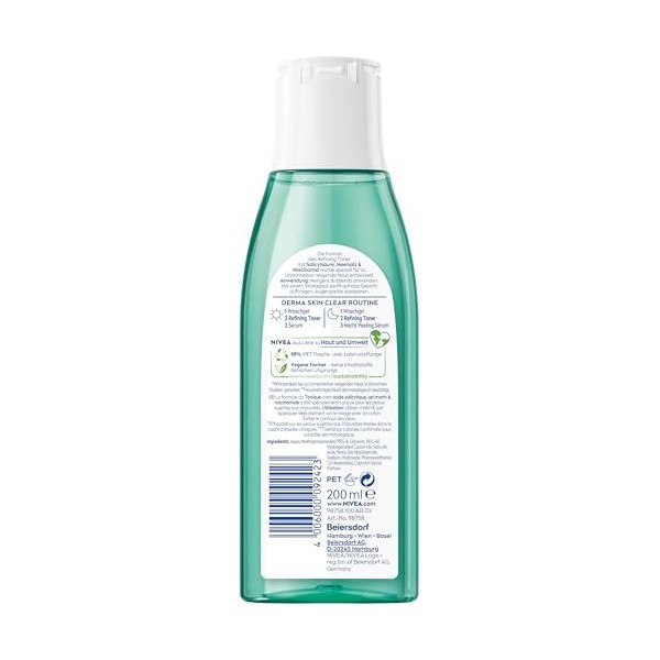 NIVEA Derma Skin Clear Refining Toner, tonique raffermissant les pores pour une peau visiblement améliorée, nettoyage du visa