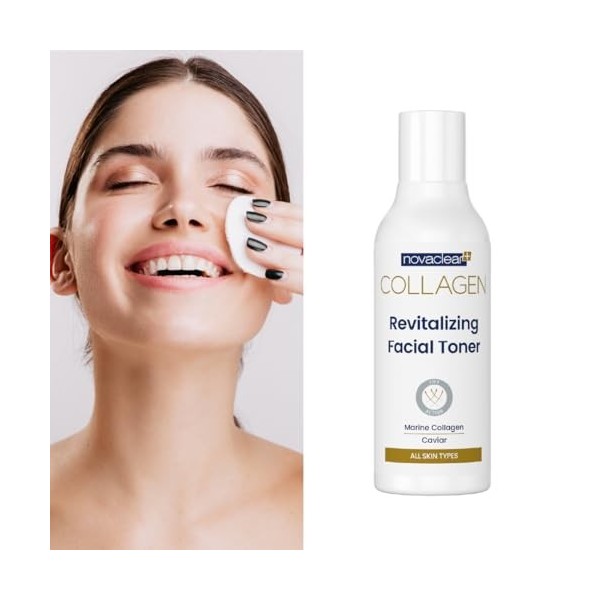 NovaClear Tonique visage revitalisant au collagène – Or actif, collagène marin et toner infusé au caviar pour une peau hydrat