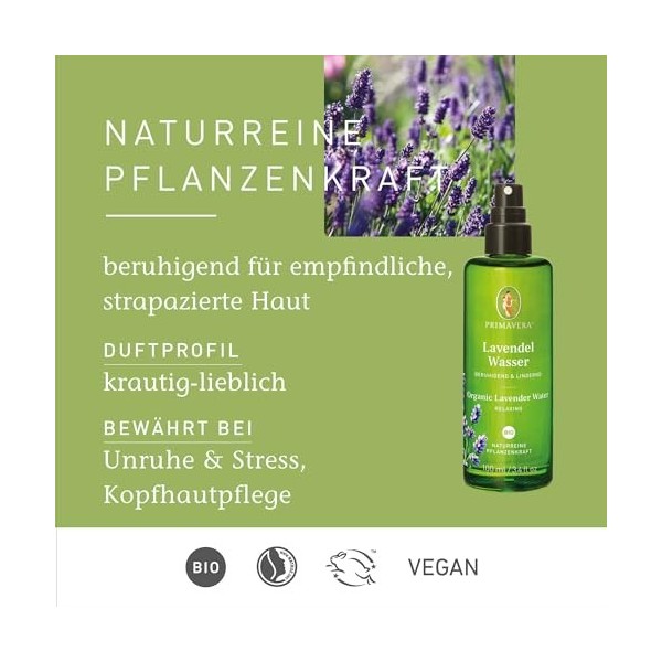 PRIMAVERA Eau végétale de lavande bio 100 ml – force végétale pure – Bouteille en verre – Hydrolat, spray corporel, aromathér