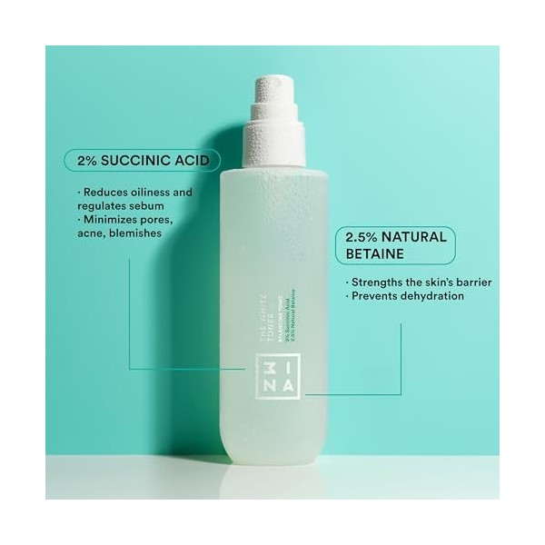 3INA MAKEUP - The White Toner - Toner Visage 2% Acide Succinique + 2.5% Bétaïne Naturelle - Lotion Tonique Visage Réduisant S
