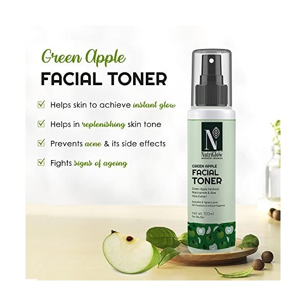 Nutriglow Advanced Organic Green Apple Facial Toner with Green Apple and Alovera Extracts for Anti-Ageing, Reduce Pigmenation