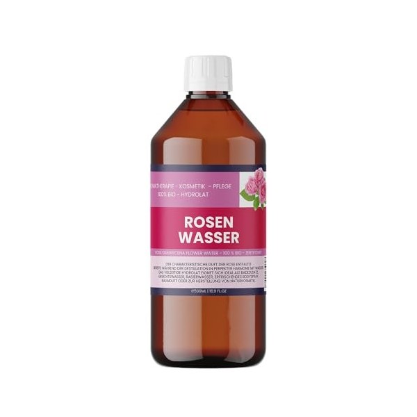 Nakobe Eau de Rose Bio 500ml - 100% Pure Rose Damascena Hydrolat pour Visage, Cheveux & DIY Cosmétique