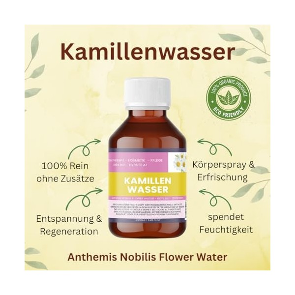 Eau de camomille bio - 500ml - 100% pure - Anthemis nobilis Flower Water - Tonique visage & corps spray - Vegan, sans alcool,...