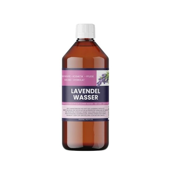 Eau de lavande bio 500 ml - 100 % pure hydrolat de lavande pour la peau, les cheveux et laromathérapie - Lavendula angustifo