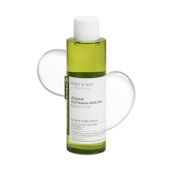 Mary&May Tonique végétalien CICA Tea Tree AHA PHA - Contrôle de lhuile et exfoliant pour la peau