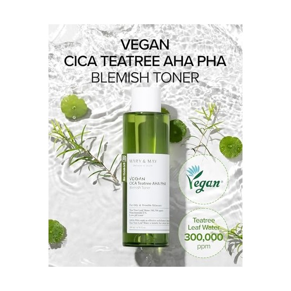 Mary&May Tonique végétalien CICA Tea Tree AHA PHA - Contrôle de lhuile et exfoliant pour la peau