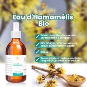 Snadi - Eau dHamamélis BIO | Hydrolat 500 ml | Sans Alcool | Pur, Naturel et Végan | Peau Hydratée et Sans Imperfections | A