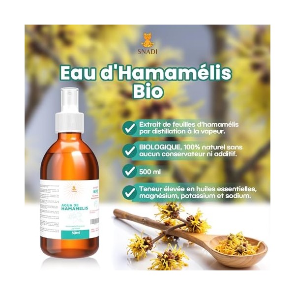 Snadi - Eau dHamamélis BIO | Hydrolat 500 ml | Sans Alcool | Pur, Naturel et Végan | Peau Hydratée et Sans Imperfections | A