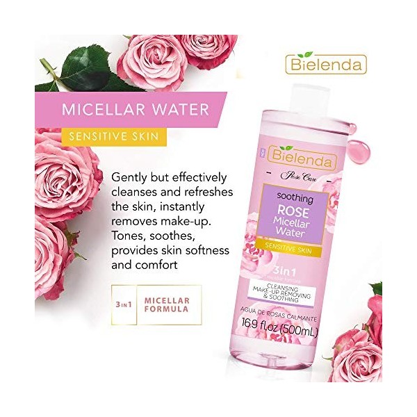 ROSE CARE Eau de Rose 3 in1 Démaquillant Apaisant pour le Nettoyage de la Peau Sensible Effet Tonifiant Anti-âge Acide Hyalur