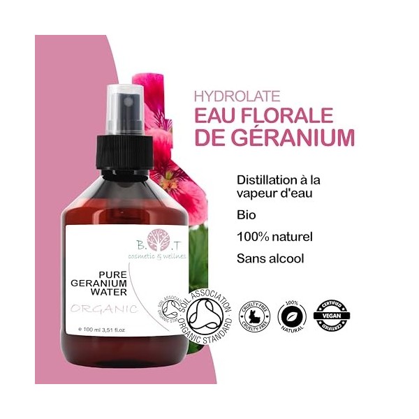 Eau de Géranium Nettoyante Visage 250 ml Tonique Astringent, Régulateur de Sébum, Anti Rides, Apaisant et Hydratant. Cosmétiq