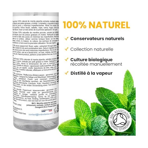bleu & marine Bretania - Eau Florale Organique de Menthe Poivrée 200ml | Tonifiante & Décongestionnante | Idéale pour Peaux G