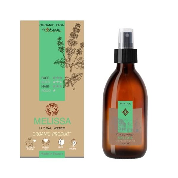 Eau Florale de Mélisse Biologique, Lotion Tonique Tout type de Peau, Hydrolat Tonifiant Facial, Purificateur dAir Maison 250