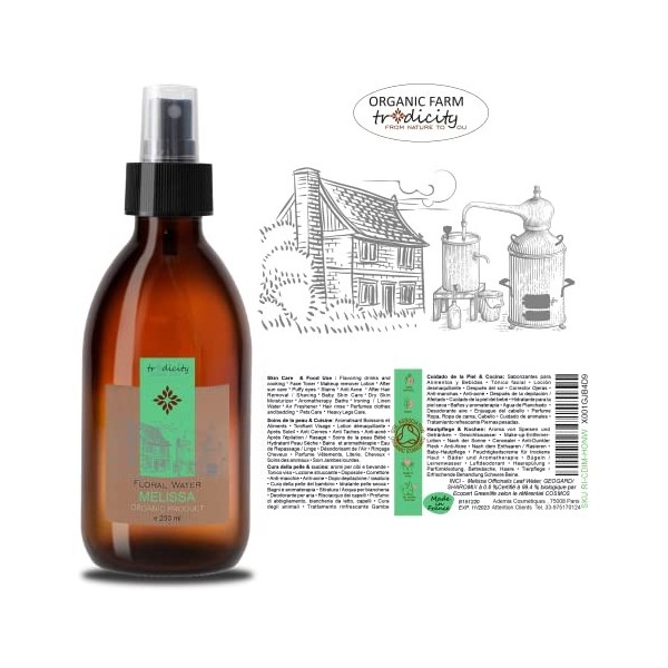 Eau Florale de Mélisse Biologique, Lotion Tonique Tout type de Peau, Hydrolat Tonifiant Facial, Purificateur dAir Maison 250