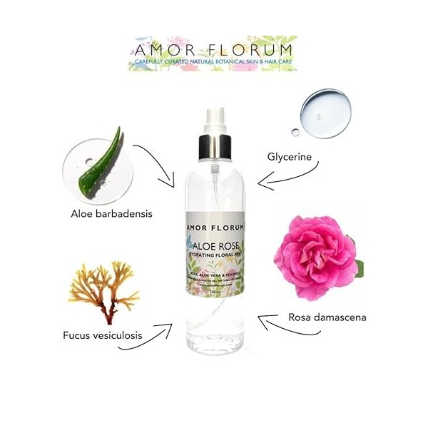 100% Naturel EAU HYDRATANTE - ALOE VERA & ROSE - 250ml - par AMOR FLORUM. Une Brume Naturelle et Apaisante pour le Visage, Co