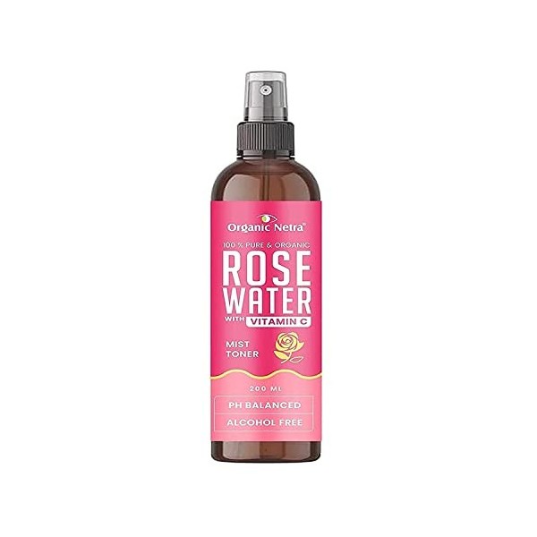 Organic Netra Rose Water with Vitamin C Exfoliates the Skin and Controls Oil Excellent for Clearing Away Makeup & Dirt from P