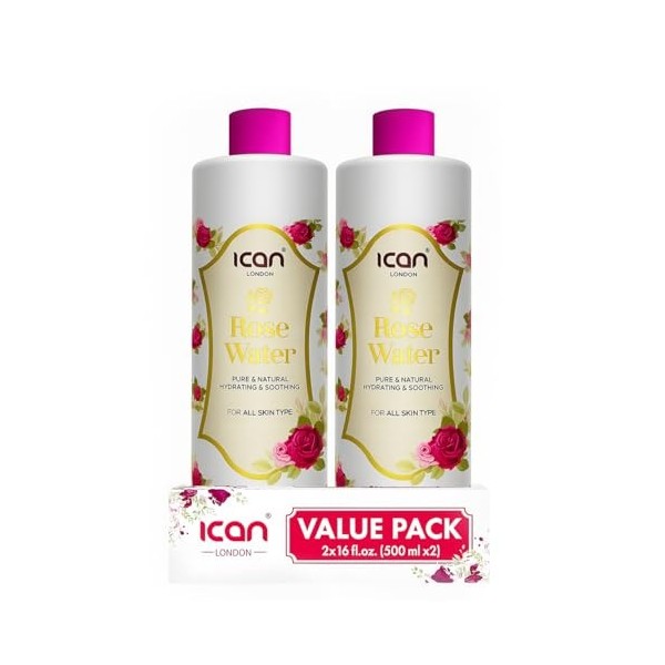 ican Eau de rose pure 100 % naturelle, hydratante et purifiante, 2 x 500 ml 1000 ml 