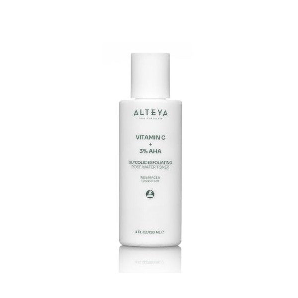 Alteya Glycolic Toner exfoliant à leau de rose 120 ml avec vitamine C + 3 % AHA – Exfoliant doux, lisse la structure de la p