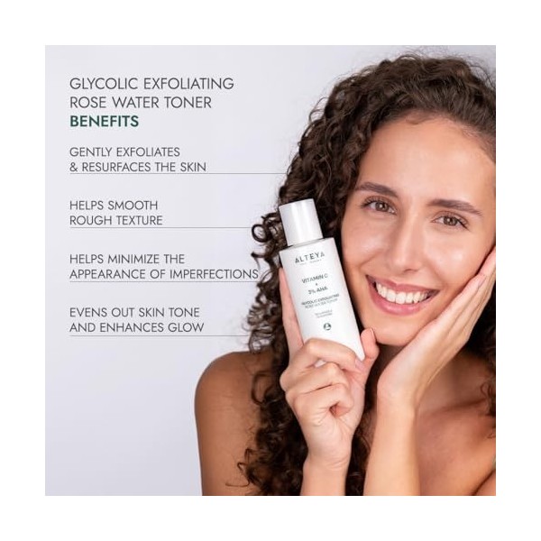 Alteya Glycolic Toner exfoliant à leau de rose 120 ml avec vitamine C + 3 % AHA – Exfoliant doux, lisse la structure de la p