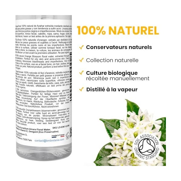 bleu & marine Bretania - Hydrolat Eau Florale dOrange 500ml | Nettoyage de la Peau | Anti-Rides | Parfum Rafraîchissant | Ec