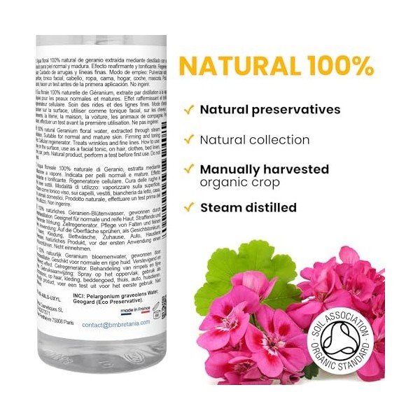Tonique Hydrolat Eau Florale de Géranium 100% Naturel | Nettoyant Peau Grasse | Anti-Inflammatoire | Adoucit et Protège la Pe