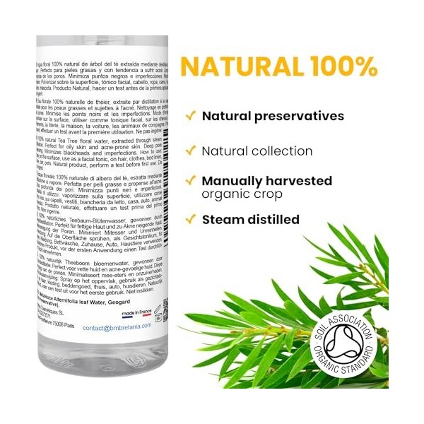 bleu & marine Bretania - Hydrolat dArbre à Thé Eau Florale 500 ml | Tonique Tea Tree | Soin Purifiant Visage et Corps | Anti