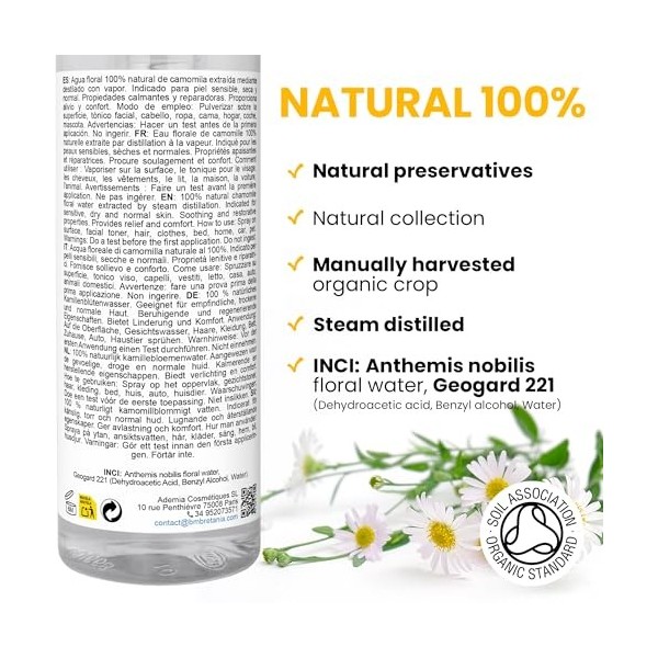 bleumarine Bretania - Véritable eau de camomille | Apaisant et apaisant | Régénération de la peau et apaise la peau | Idéal a