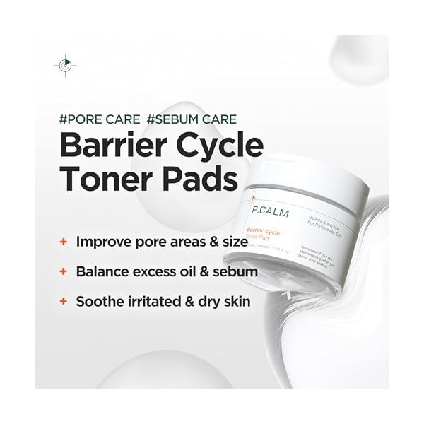 PCALM Barrier Cycle Lot de 60 tampons toniques végétaliens pour le visage coréen apaisant et hydratant Soin du sébum Exfolie 