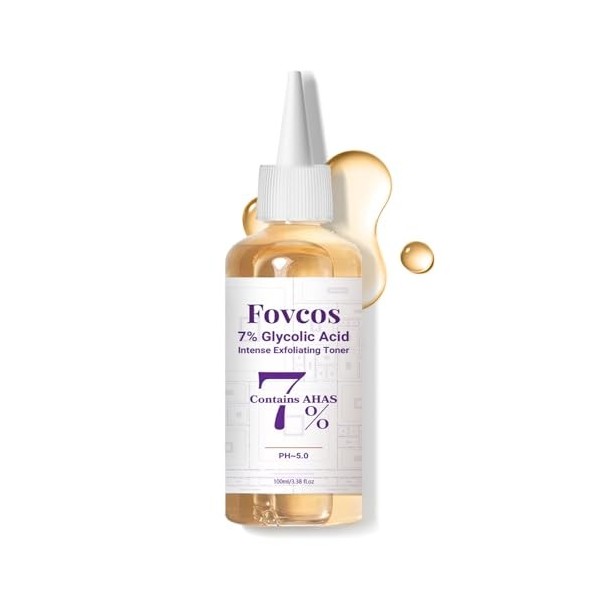 Fovcos Tonique à 7% dacide glycolique pour réduire les marques dacné, fermer les pores et hydrater la peau.