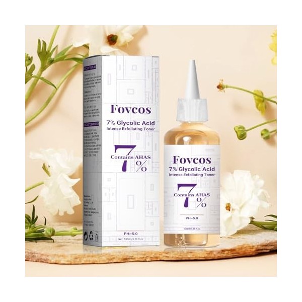 Fovcos Tonique à 7% dacide glycolique pour réduire les marques dacné, fermer les pores et hydrater la peau.