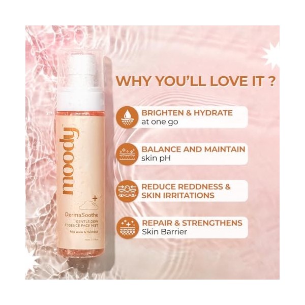 Moody DermaSoothe Brume éclaircissante pour le visage et essence tonique avec riz et céramides | Renforce la barrière cutanée