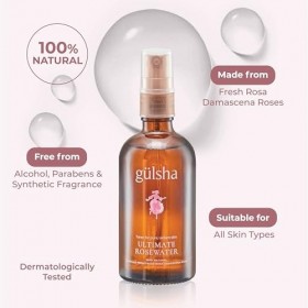 gülsha Ultimate Spray deau de rose 100 ml, 100 % eau de rose pure de Damascena, tonique hydratant, convient à tous les types