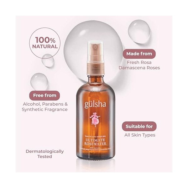 gülsha Ultimate Spray deau de rose 100 ml, 100 % eau de rose pure de Damascena, tonique hydratant, convient à tous les types