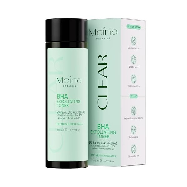 Meina Tonique exfoliant BHA à 2 %, acide salicylique pour le visage avec niacinamide et zinc, traitement de lacné, soin de l