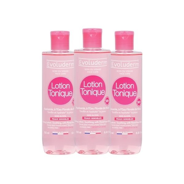 EVOLUDERM - Lotion Tonique Apaisante Peaux Sensibles - 250 ml - 96% dOrigine naturelle - Végan - Fabrication Française - Lot