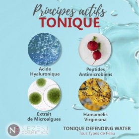 Nezeni Tonique Defending Water 200 ml | 8 ingrédients actifs | Acide hyaluronique, extrait dhamamélis et extraits de microal