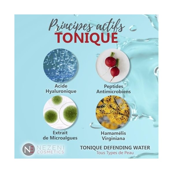 Nezeni Tonique Defending Water 200 ml | 8 ingrédients actifs | Acide hyaluronique, extrait dhamamélis et extraits de microal