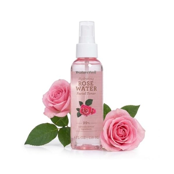 NATUREWELL Rose Water Hydrating Facial Toner Mist for Dewy & Radiant Skin, 100% Vegan, Refreshing, Conditioning, Soothing, Re