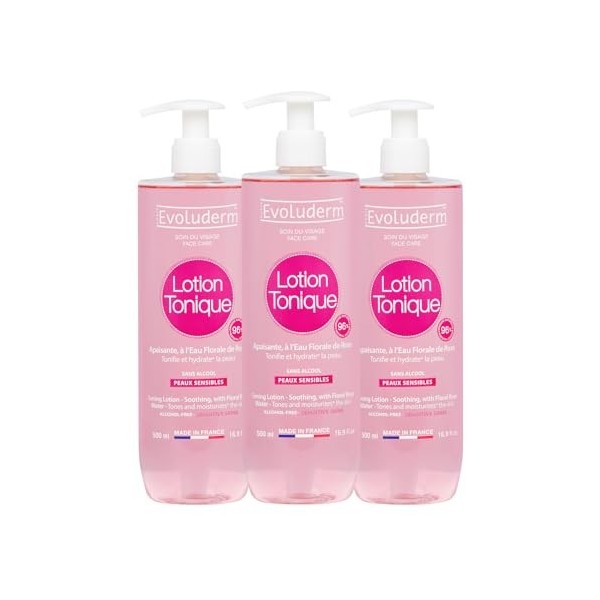 EVOLUDERM - Lotion Tonique Apaisante Peaux Sensibles - 500 ml – 96% dOrigine Naturelle - Végan - Fabrication Française - Lot