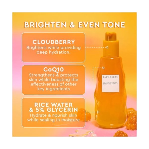 Cloudberry Highlighter Tonic + Essence Skincare CoQ10 Tonique pour renforcer la barrière cutanée + eau de riz hydratante, vit