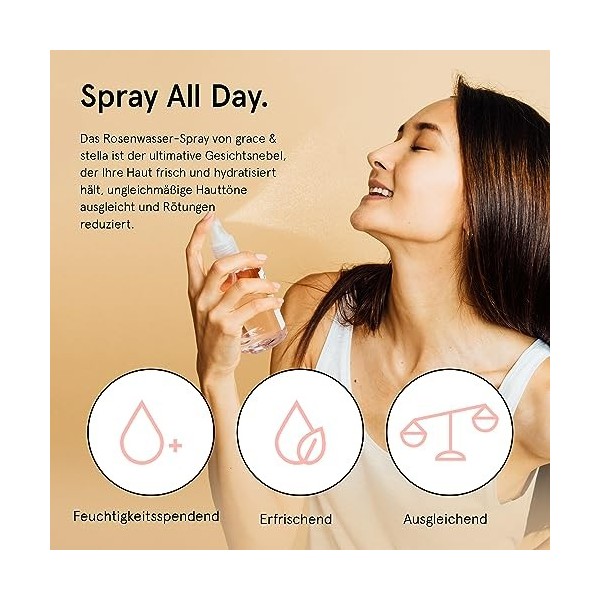 Grace & Stella - Spray Eau de Rose Visage Vegan, Parfait comme Vaporisateur Cheveux, Spray Hydratant Cheveux, Lotion Tonique ...