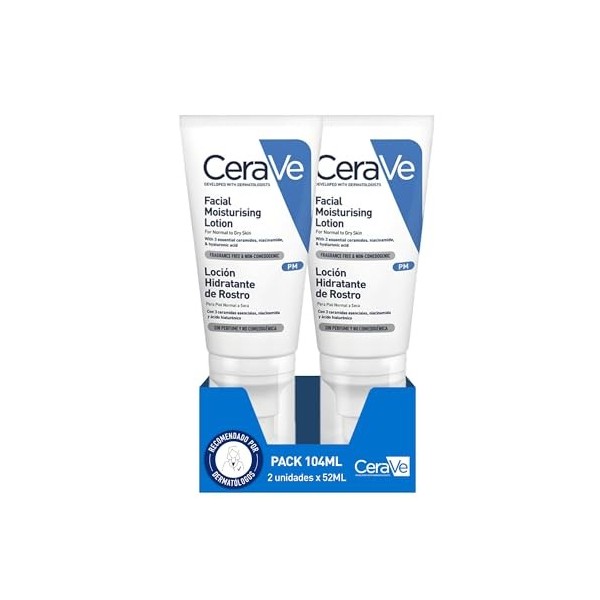 CeraVe, PM Lot de 2 lotions hydratantes pour le visage 52 ml pour peaux normales à sèches, hydrate et restaure la barrière pr