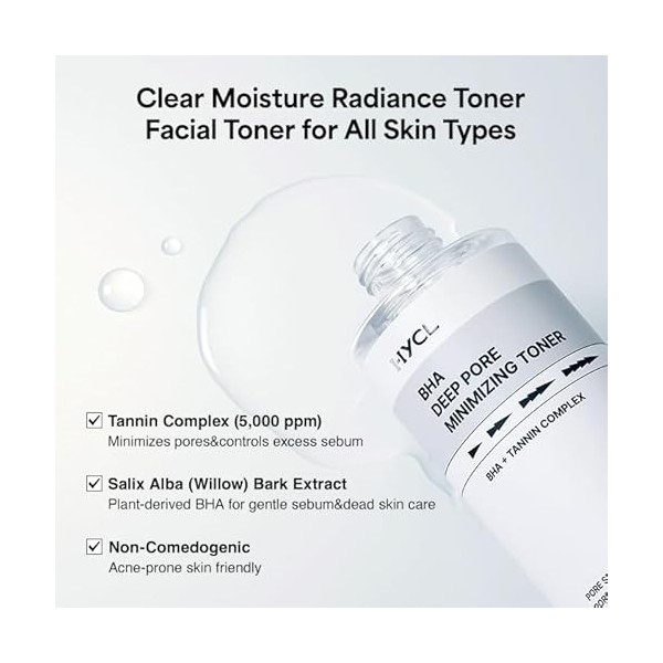 HYCL BHA - Tonique exfoliant pour le visage - 200 ml - Avec extrait décorce de Salix Alba saule et complexe de tanins - 50