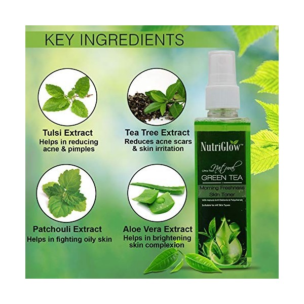 NUTRIGLOW Green Tea Toner pour Éclaircir et Nourrir la Peau, Éliminer les Cellules Morte, Taches Noires, Tonus de Peau Plus L