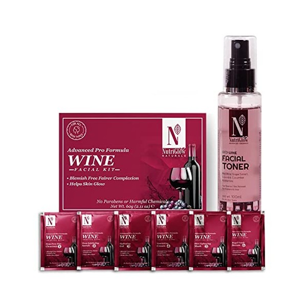Nutriglow Naturals Advanced Pro Formula Wine Facial Kit 60Gm and Red Wine Facial Toner 100Ml for Detoxifies Skin, Fights