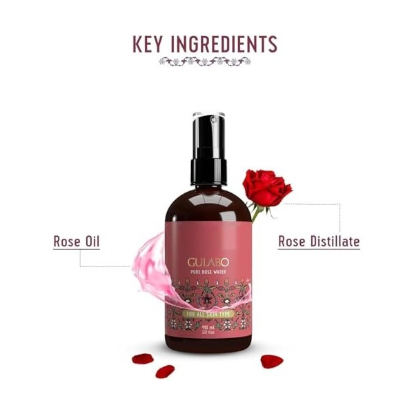 HYD Gulabo Premium Eau de rose 110 ml | Tonique pour la peau, le visage et les cheveux | Sans paraben, sans alcool | Équilibr