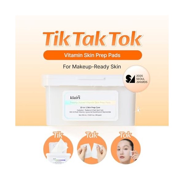 DearKlairs Freshly Juiced Lot de 80 tampons de toner vitaminé, préparation de maquillage, glutathion liposomal, facile à sépa